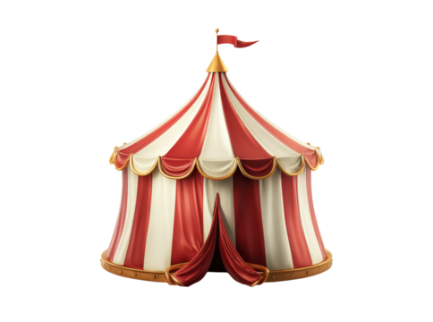 Classic red and white circus tent isolated on black background, Isolated On Transparent Background