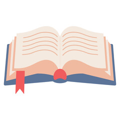 An open hardcover book with a red ribbon bookmark, representing literature, education, and the joy of reading stories vector illustration
