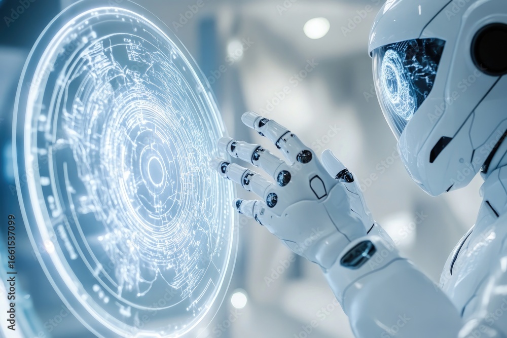 Poster futuristic human robot interacting with digital interface in modern laboratory setting
