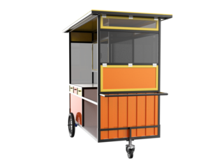 Detailed 3D Photorealistic Render Modern Mobile Food Cart Kiosk, Isolated on Transparent PNG Alpha Background. High Resolution Commercial Street Vending Mockup Template for Retail Business Startup