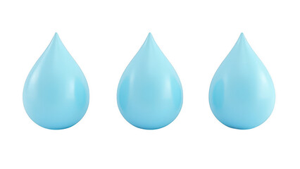 Droplets: A series of three glistening, serene, pristine water drops in shades of sky blue, elegantly suspended to showcase the beauty of hydration, purity, and natural elements.
