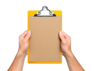 Hands holding brown clipboard with blank paper, isolated on transparency background, ready for writing or checklist, concept of organization, planning, and office supply