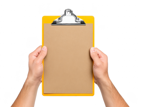 Hands holding brown clipboard with blank paper, isolated on transparency background, ready for writing or checklist, concept of organization, planning, and office supply