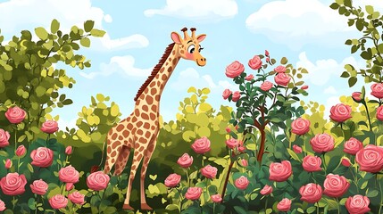 Whimsical giraffe among blooming roses in a garden setting
