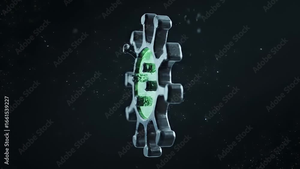 Poster a futuristic mechanical object with a glowing green energy core floating in dark space with particle