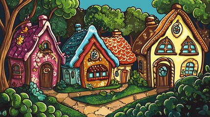 Whimsical village scene illustration