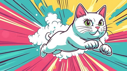 Whimsical white cat flying cartoon illustration