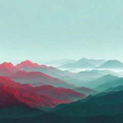 Obraz premium Misty mountain range, rendered in muted colors of red, teal, and pale blue