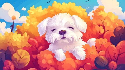 White dog in autumn leaves