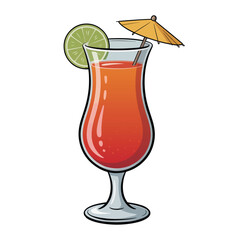 A refreshing red tropical cocktail in a tall hurricane glass, garnished with a lime wedge and a paper umbrella vector illustration