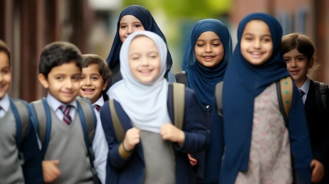 A lively group of schoolchildren in uniforms walking outdoors, captured from a front-facing angle, evoking a cheerful, educational video theme.