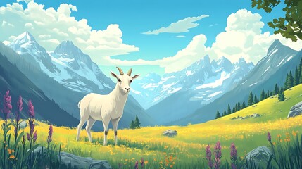 White goat in a mountainous landscape depiction