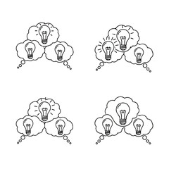 Handdrawn thought bubbles with lightbulb idea icons.
