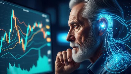 Elderly Businessman Contemplating Financial Data on Computer Screen with Digital Overlay Elements