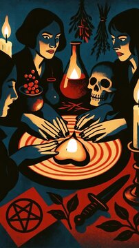 Aerial view of a mystical seance scene with vintage style. Hands around a candle, skull, and herbs create an eerie video atmosphere. Live mobile wallpaper.
