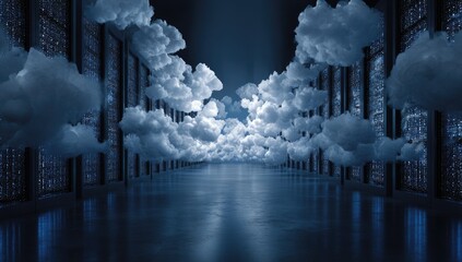 Dark server room, clouds, futuristic