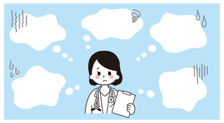 吹き出しと悩む医者のベクターイラスト素材。医療従事者のネガティブな表情。