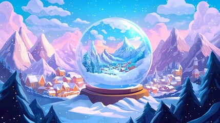Winter village snow globe illustration