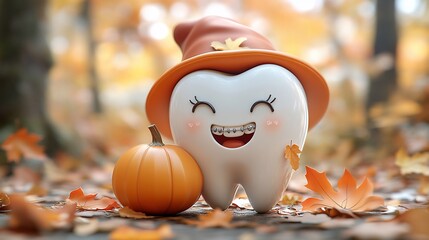 A smiling cartoon tooth character with braces, a witch's hat, and a pumpkin in a fall forest scene with foliage