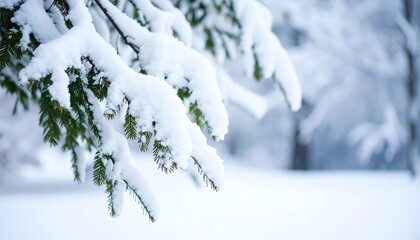 Snow-laden pine branch in winter scene
