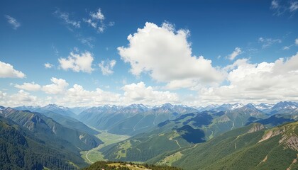 Fototapeta premium A panoramic view showcases a majestic mountain range under a bright sky dotted with fluffy, white clouds in a scenic landscape
