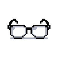 Fototapeta premium Classic black pixel art eyeglasses with clear lenses in a retro 8-bit video game style. A simple nerdy geek icon vector illustration