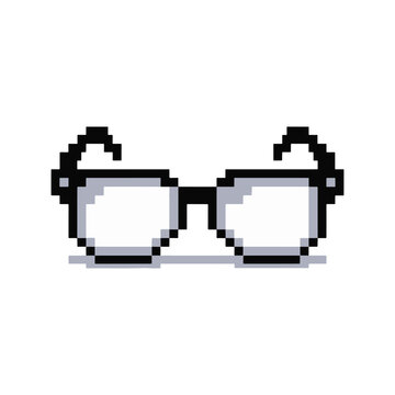 Classic black pixel art eyeglasses with clear lenses in a retro 8-bit video game style. A simple nerdy geek icon vector illustration