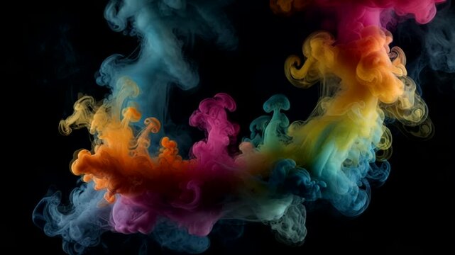 Colorful smoke flowing and interacting on a pitch-black background. The smoke, which resembles a liquid cloud or a liquid dissolved in water
