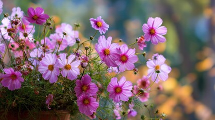 Naklejka premium Vibrant pink cosmos flowers in a pot