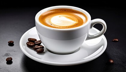 White Coffee Cup with Latte Art on Dark Background