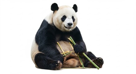 Panda adorable mange bambou fond blanc lumi�re douce. AI Generated