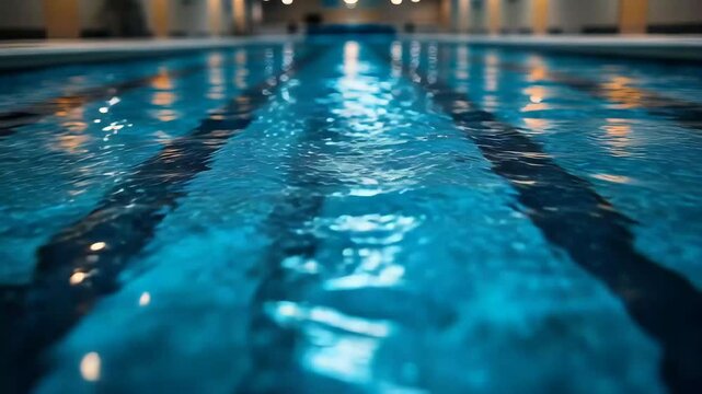 Gentle ripples create mesmerizing patterns across the water as lights reflect off the pristine surface of the indoor pool, inviting relaxation and tranquility in the quiet evening atmosphere.