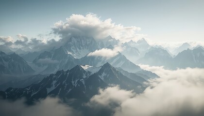 Serene vista of jagged mountain peaks partially obscured by ethereal clouds casting shadows on the snowy slopes under a soft pale sky