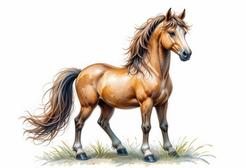 Obraz premium A majestic watercolor illustration of a proud, standing horse doll with a flowing mane and a confident stance.