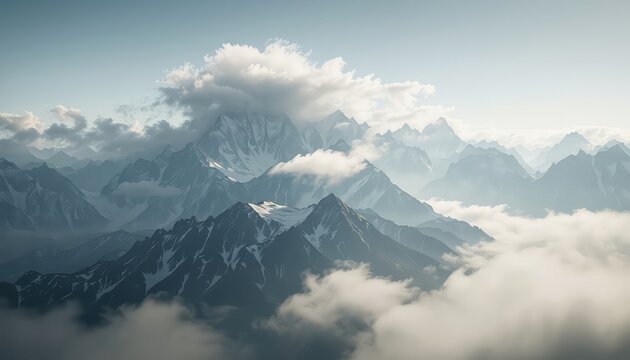 Serene vista of jagged mountain peaks partially obscured by ethereal clouds casting shadows on the snowy slopes under a soft pale sky