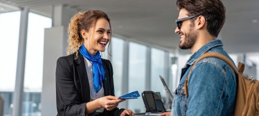 The friendly airline staff assists the traveler with their boarding pass.