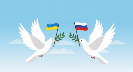 Two white doves carrying Ukrainian and Russian flags, olive branch onblue background, peace concept, for websites