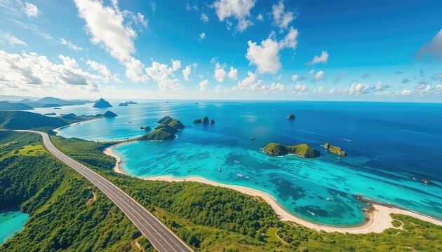 Coastal road winding along a tropical island with emerald green forests and turquoise waters under a bright blue sky