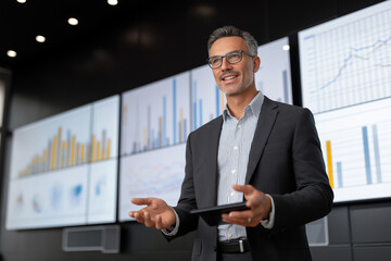 A Latin American executive man giving a presentation in a high-end conference room, business charts on screen, dressed sharply, modern tech setup.