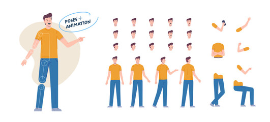 man male character for animation. Creation set with various views, face emotions, poses and gestures.
