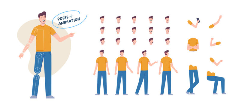 man male character for animation. Creation set with various views, face emotions, poses and gestures.