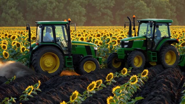 AI-generated tractors till soil in a sunflower field at sunset, with dust rising behind the wheels