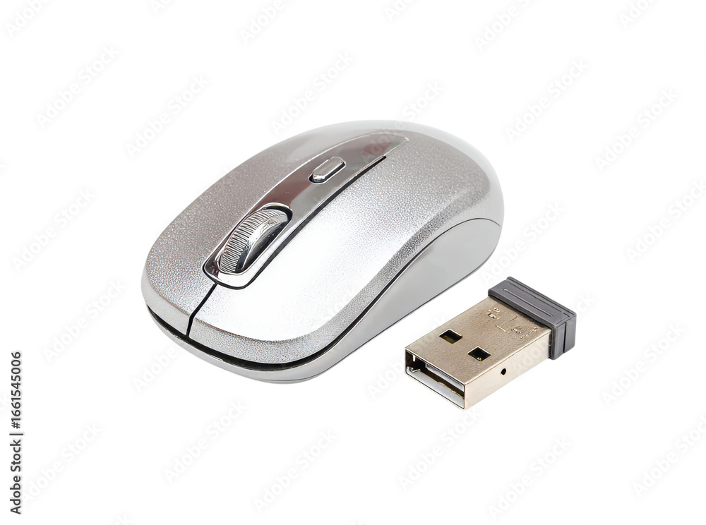 Poster wireless silver computer mouse with usb receiver, isolated on transparent background