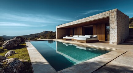 Fototapeta premium Une maison minimaliste d'architecte en pierre avec piscine, ambiance calme et reposante, vue sur les montagnes, concept de vacances de luxe.