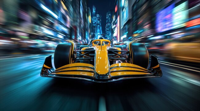 Voiture de Formule 1 futuriste jaune, vue de face, avec halo roulant rapidement &agrave; travers la ville la nuit, avec un flou de mouvement, une prise de vue en contre-plong&eacute;e et un style cin&eacute;matographique.