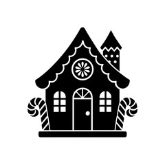 black silhouette of a detailed gingerbread house w