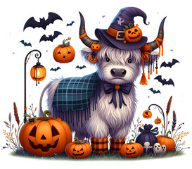 Fototapeta premium Highland Cow Witch with Many Pumpkins