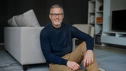 Happy Middle-Aged Man Wearing Glasses Smiling and Sitting Comfortably on the Floor in a Cozy Modern Living Room