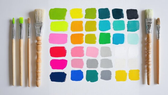 Paint swatches and brushes arranged on a white surface. Colorful paint samples in small squares, various hues and shades. Wooden-handled paintbrushes in a variety of colors