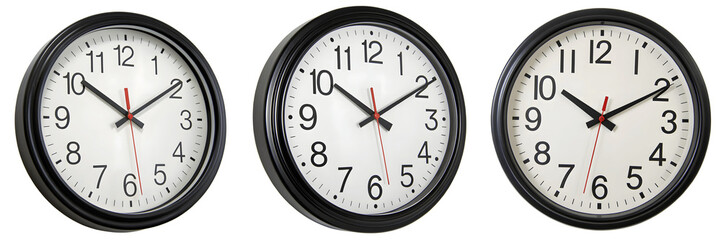 Set For Three classic black and white wall clocks isolated on transparent background
